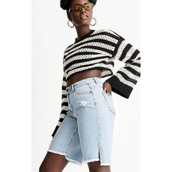 Women's Future Collective Lightly Distressed Bermuda Denim Shorts Medium Wash 6 - Picture 2 of 6
